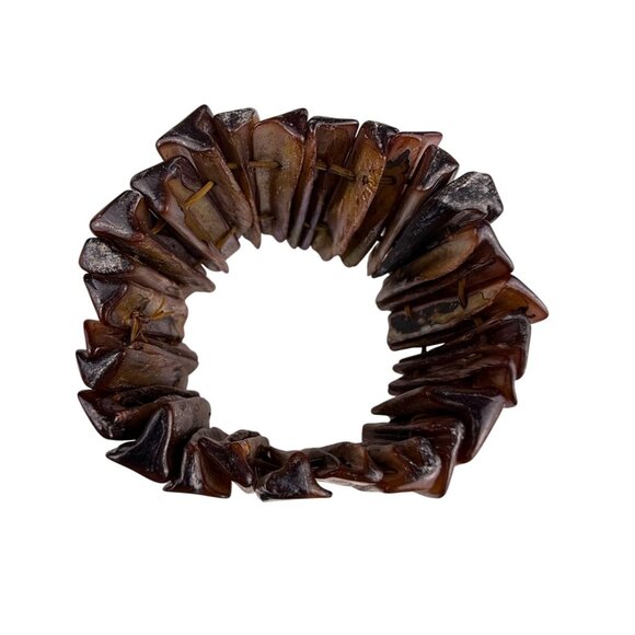 Mother-Of-Pearl Elastic Brown Wide Bracelet Striated Finish Stretchable Jewelry - Picture 2 of 4